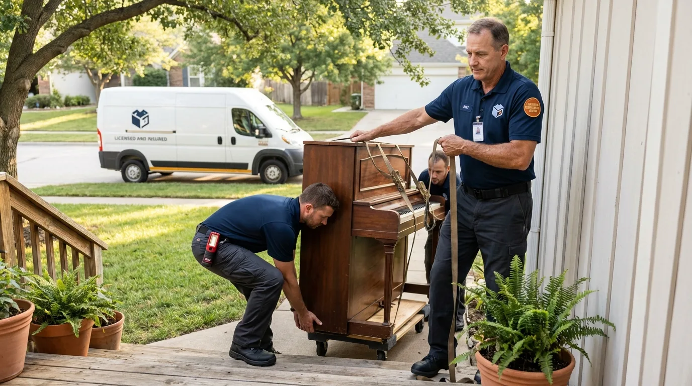 Licensed piano movers securing grand piano in Overbrook, KS